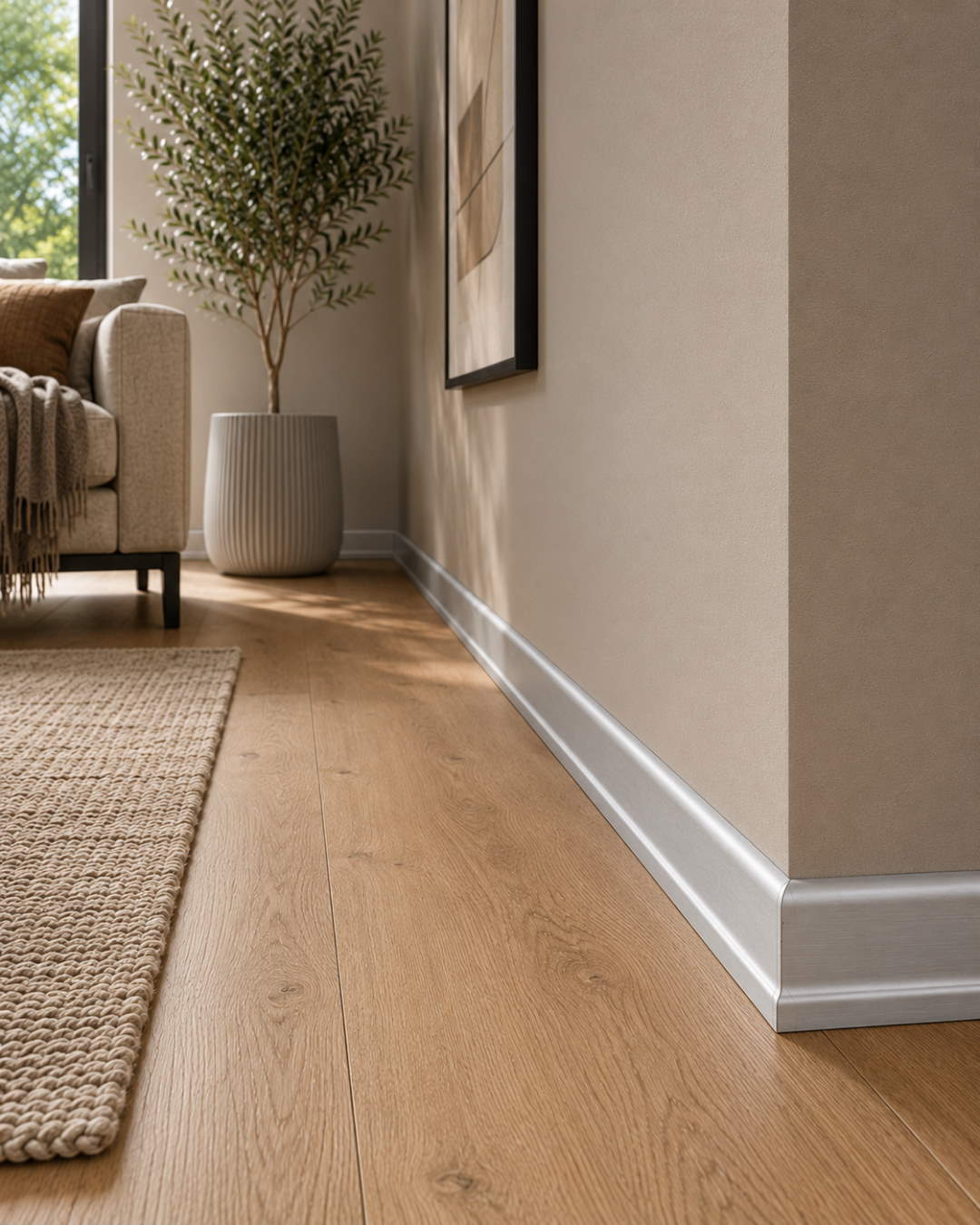Rodapié con acabado tipo madera 40 mm, decoración acero