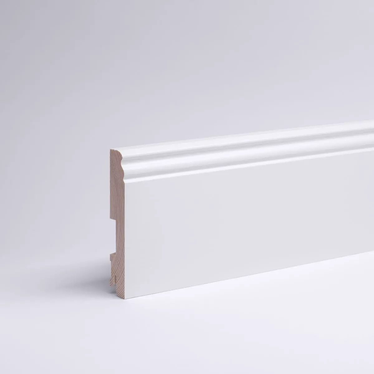 Massivholz-Sockelleiste Berliner Profil 120mm - Buche RAL9010 Weiß lackiert