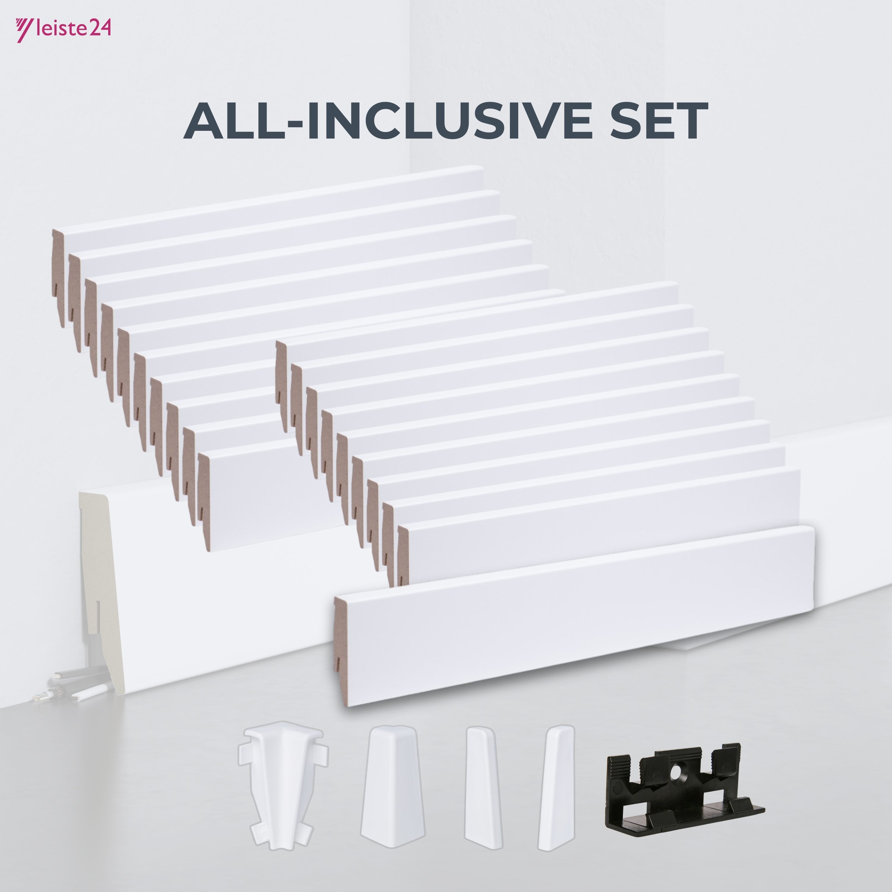 Leiste24 All inclusive Paket 52 m Sockelleisten 60 mm weiß