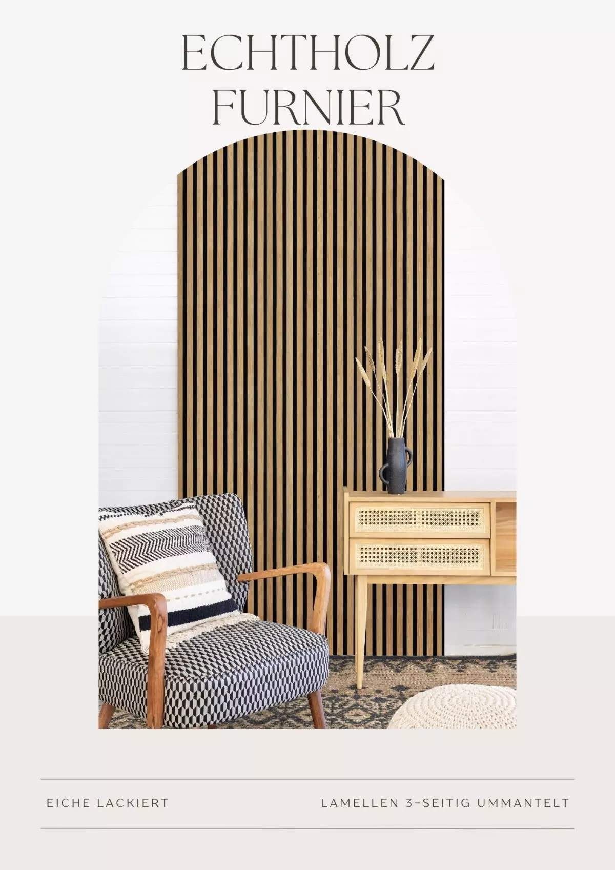 Premium Akustikpaneel 2600 x 400 mm Eiche Natur - Akustikfilz Schwarz - Wandverkleidung