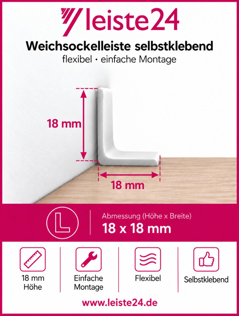 Weichsockelleiste 18 x 18mm -  Weiß
