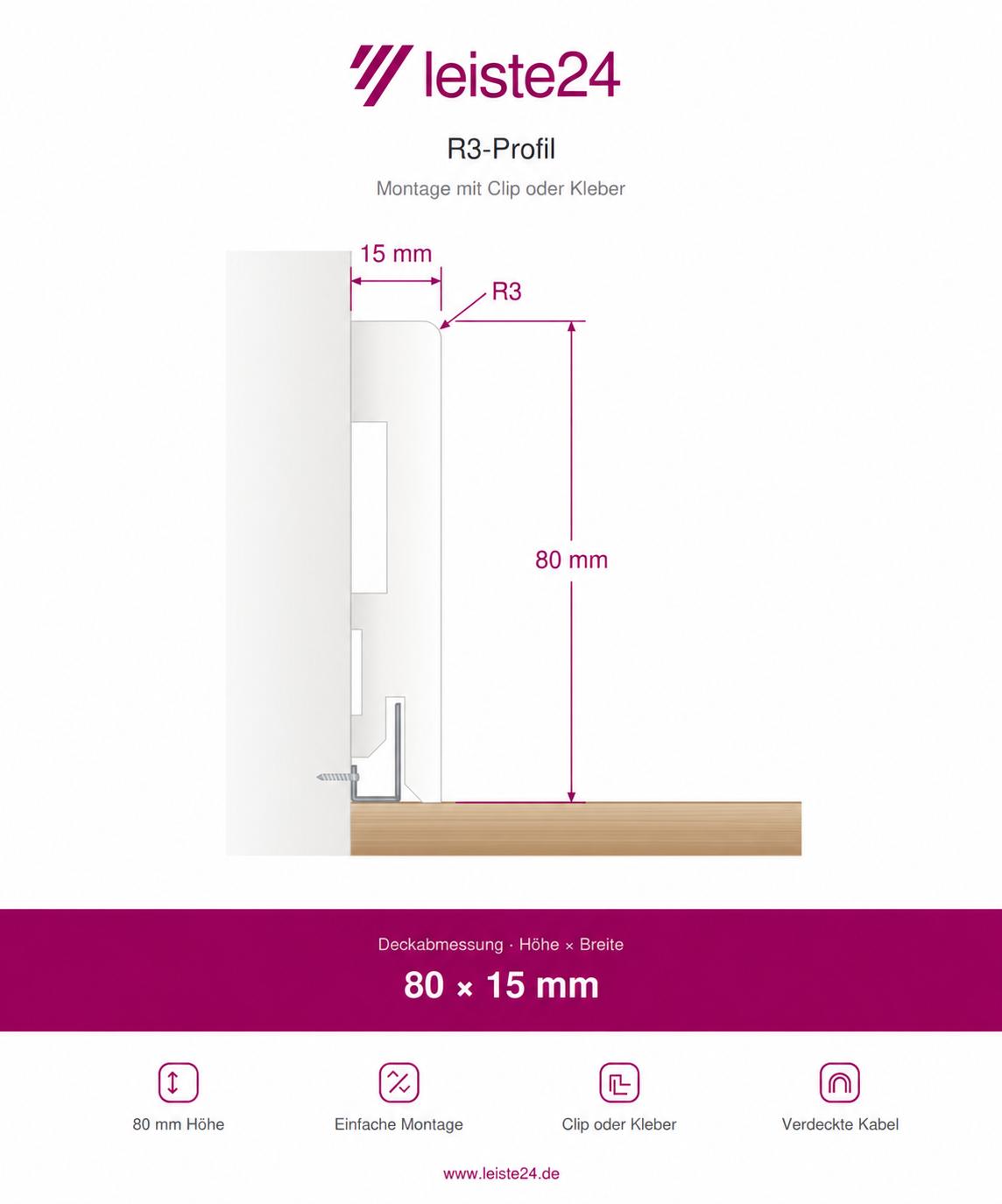 Massivholz-Sockelleiste 80 x 15 mm Rundkante R3 Weiß RAL 9016