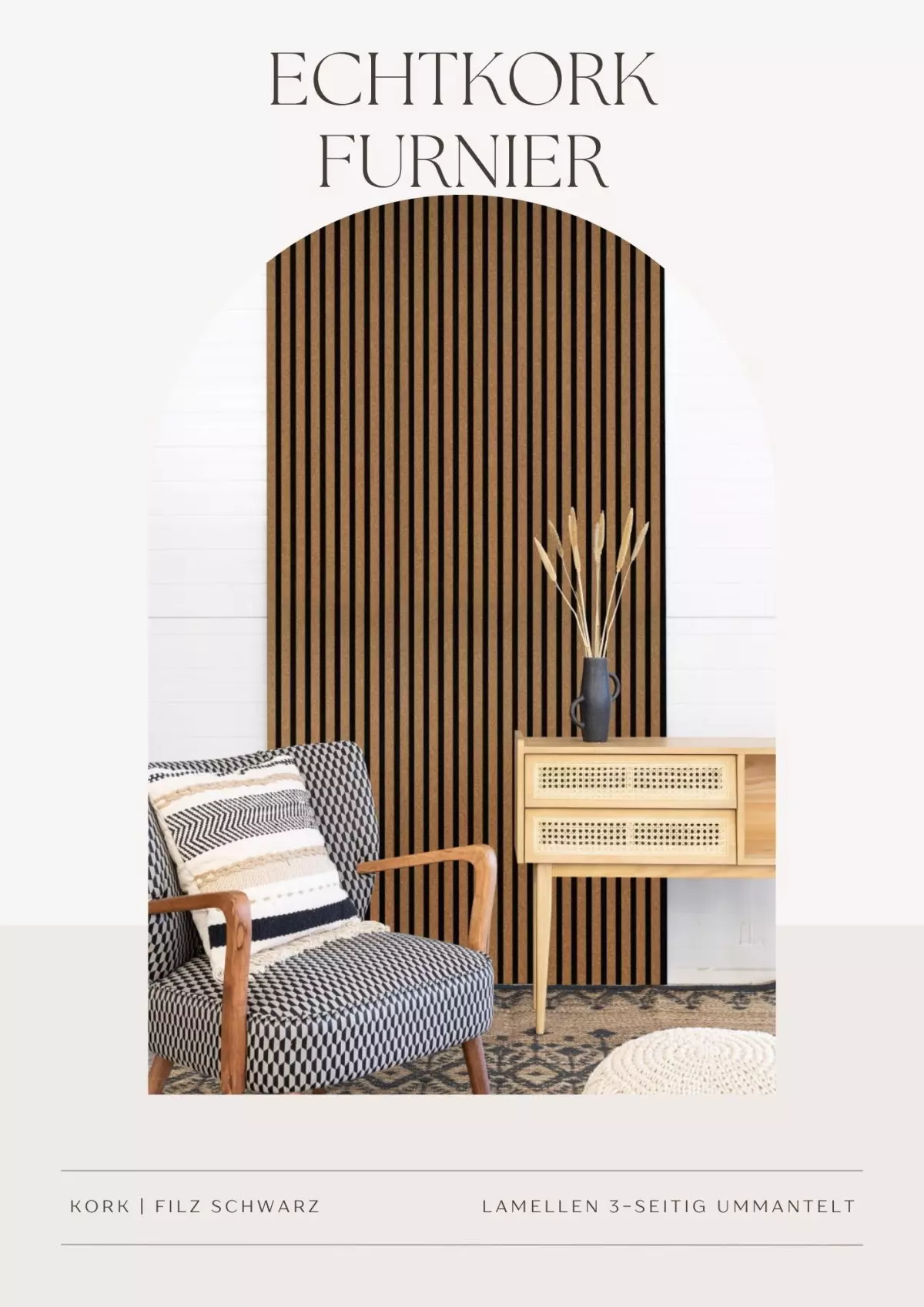 Acoustic panel 2400 x 600 mm cork fine  - Acoustic felt black