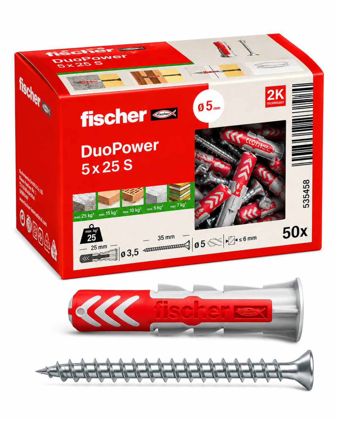 Set de fijación profesional 5x25 S - tacos fischer DuoPower & tornillos (50 uds.)
