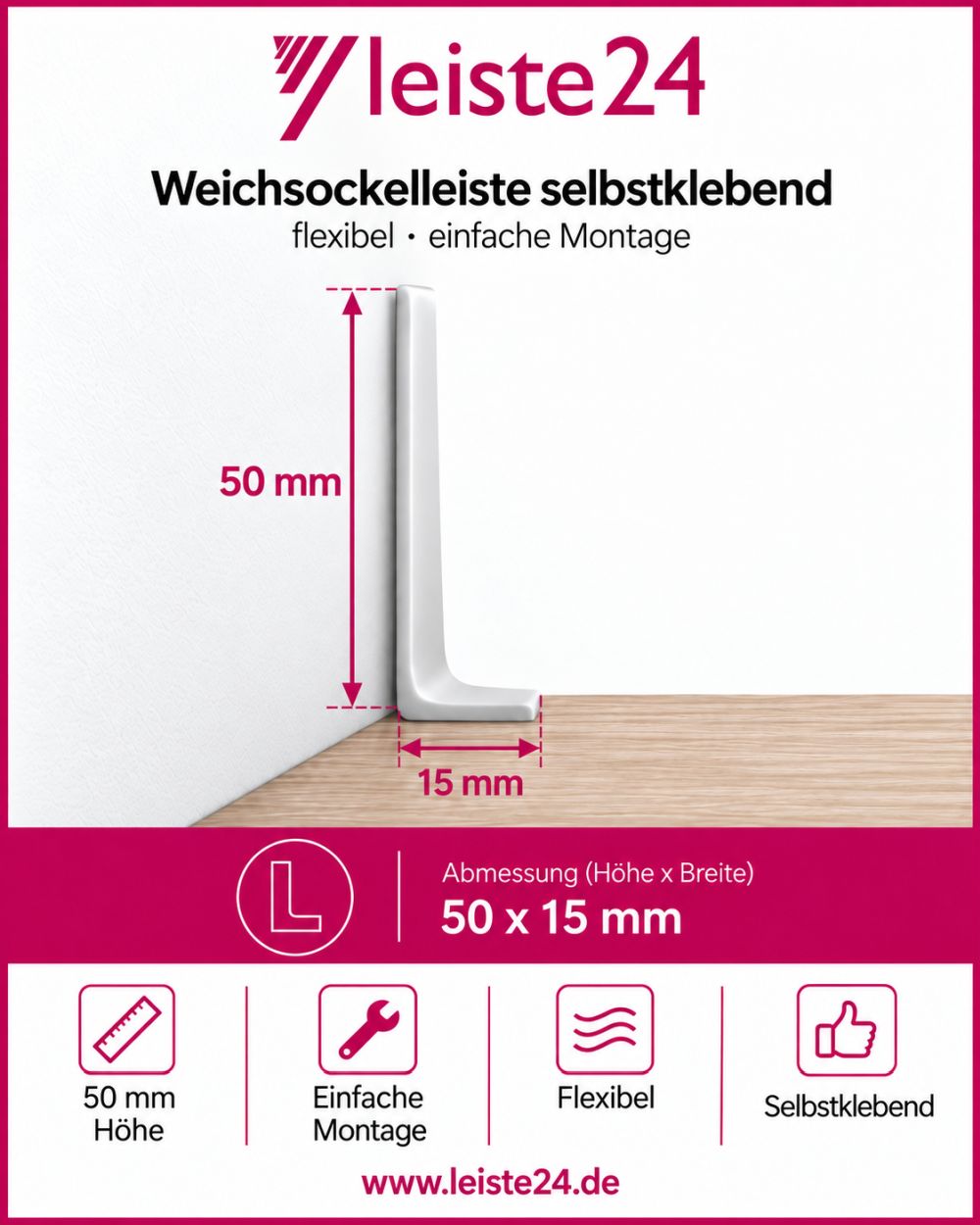 Weichsockelleiste 50 x 15 mm - Weiß