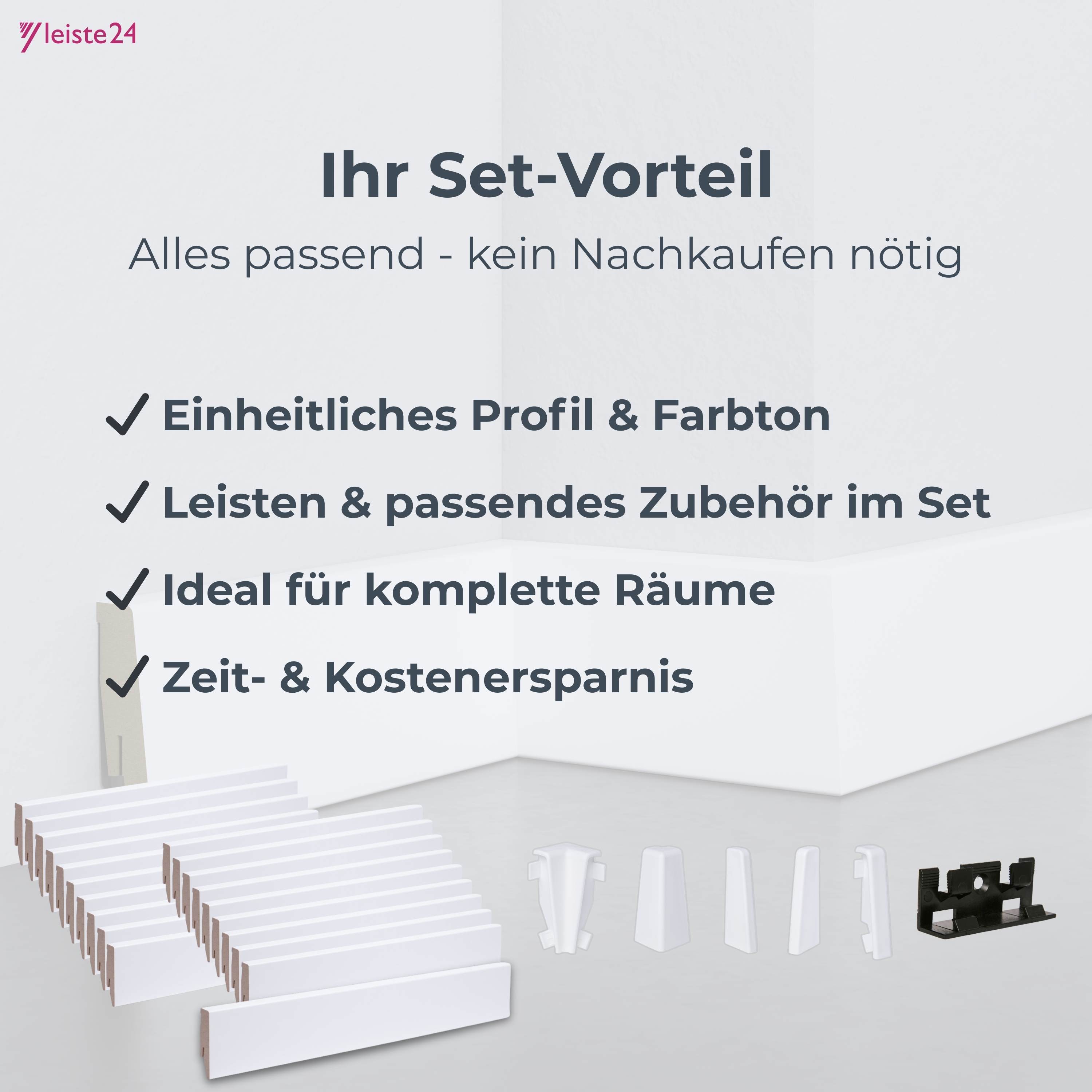 Leiste24 All inclusive Paket 52 m Sockelleisten 60 mm weiß