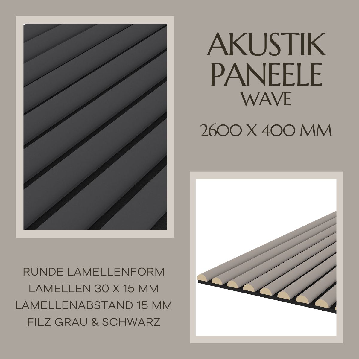 Akustikpaneel WAVE - Filzfarbe Schwarz 2600x400mm - verschiedene Farben