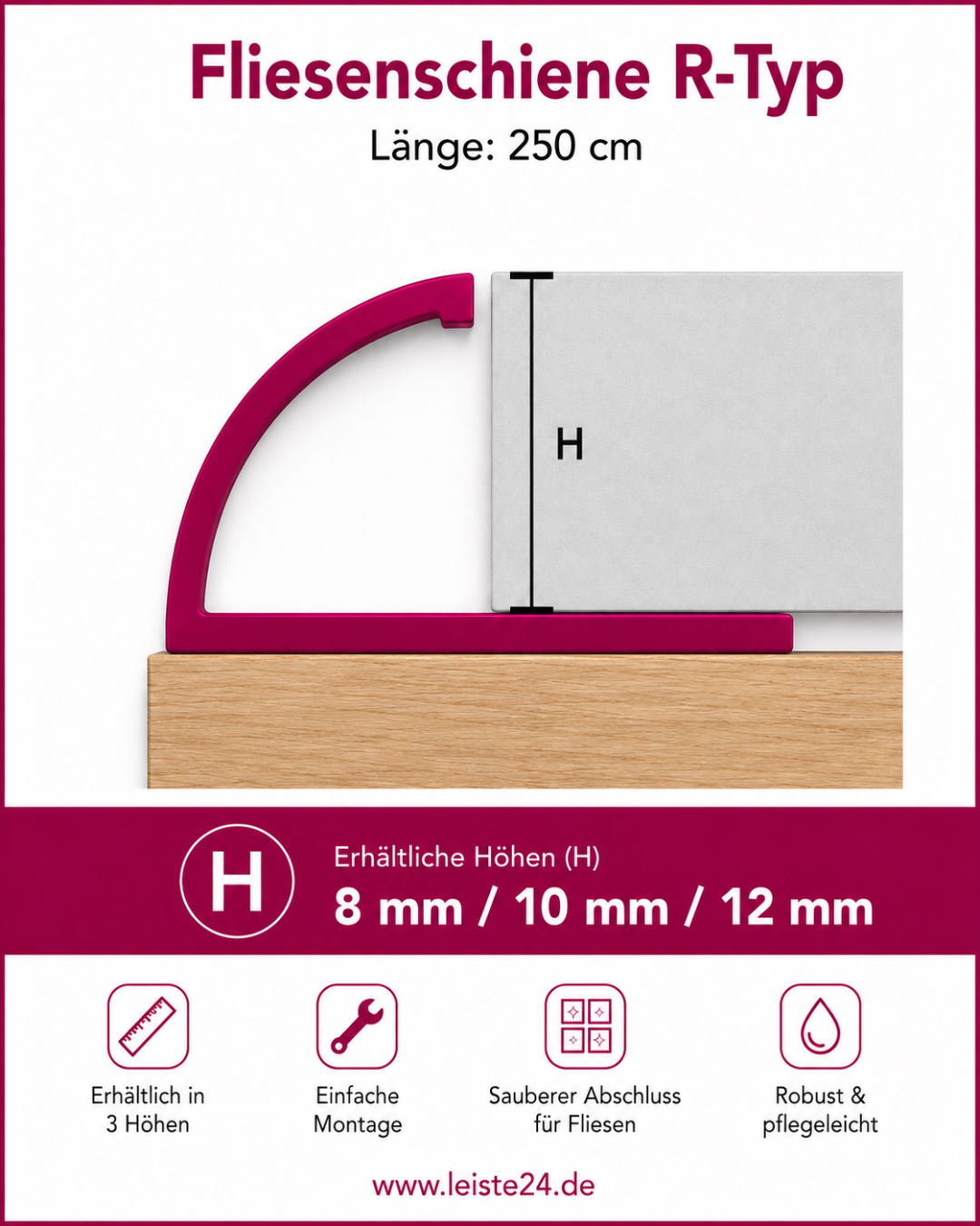 Perfil de cuarto de círculo de aluminio «tipo R» 10 mm - plata