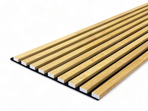 Muestras de paneles acústicos de madera maciza de pino - Teak-Oil