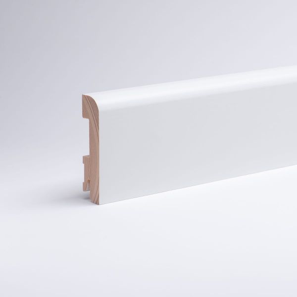 Plinthe en bois véritable avec à bord biseauté 80mm opaque blanc laqué RAL 9010
