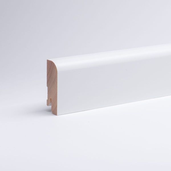 Plinthe en bois véritable avec arrondi bord avant 60mm opaque blanc laqué RAL 9010